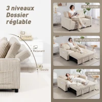 HOMCOM Canapé convertible 2 places canapé-lit en velours côtelé 157x190cm dossier réglable poches latérales et 2 coussins crème(m-5)