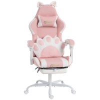 Vinsetto Ergonomischer Gaming-Stuhl, Katzenohren-Gamer-Stuhl aus Kunstleder mit Lendenstütze, Fußstütze, Kopfstütze, Rosa