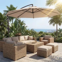 Outsunny Parasol Excéntrico Ø300 cm con Base Cruzada Manivela Funda Protectora y Cuerdas de Viento UPF30+ Caqui(m-2)