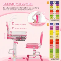 HOMCOM Birou pentru Copii cu Scaun Reglabil, Masă cu Sertar, Lampă și Suprafață Înclinabilă, 80x49,5x82-104 cm, Roz(m-4)