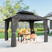 Outsunny Gazebo 3 x 3,6 m à Toit Rigide avec Toit Double en Acier Galvanisé, Structure en Aluminium, Gris Foncé(m-10)