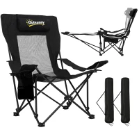 Outsunny Conjunto de 2 Sillas Plegables Camping Reclinables con Reposapiés Desmontable Reposacabezas Portavasos y Bolsa Negro(m-10)