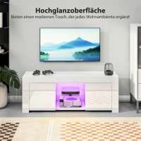 HOMCOM TV-Schrank mit LED-Beleuchtung, 2 Schranktüren, Glasregal, Kabellöcher, für Wohnzimmer, Spanplatte, Weiß(m-6)