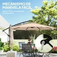 Outsunny Parasol Excéntrico Ø300 cm con Base Cruzada Manivela Funda Protectora y Cuerdas de Viento UPF30+ Caqui(m-7)