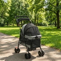 PawHut Carrinho para Cães Dobrável de 4 Rodas EVA Giratório com Travão Janelas de Rede Almofada Lavável Porta-Copos Cinzento(m-6)
