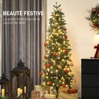 HOMCOM Sapin de Noël artificiel 180 cm, arbre de Noël slim avec 200 lumières 8 modes d'éclairage 605 branches articulées, vert(m-4)