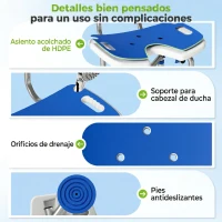 HOMCOM Silla Ducha Personas Mayores Antideslizante con Respaldo Altura Ajustable Soporte para Alcachofa Carga 150 kg Azul(m-7)