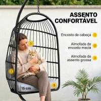 Outsunny Cadeira Suspensa com Suporte Cesto Dobrável de Vime Almofada Grossa e Altura Ajustável 101x105x196 cm Cinza Claro(m-6)