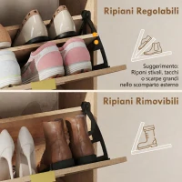 HOMCOM Scarpiera Salvaspazio Slim con 2 Ante a Ribalta e Ripiani Regolabili Rimovibili per 8 Paia, Color Noce(m-5)