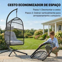 Outsunny Cadeira Suspensa com Suporte Cesto Dobrável de Vime Almofada Grossa e Altura Ajustável 101x105x196 cm Cinza Claro(m-5)
