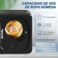 HOMCOM Secadora de Evacuación 4 kg 800W Función Antiarrugas Función Esterilizar 5 Programas Carga Frontal 48x40x56 cm Negro(m-4)