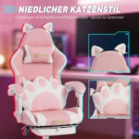 Vinsetto Ergonomischer Gaming-Stuhl, Katzenohren-Gamer-Stuhl aus Kunstleder mit Lendenstütze, Fußstütze, Kopfstütze, Rosa(m-4)