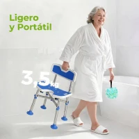 HOMCOM Silla Ducha Personas Mayores Antideslizante con Respaldo Altura Ajustable Soporte para Alcachofa Carga 150 kg Azul(m-6)