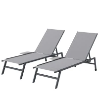 Outsunny Set 2 Lettini Prendisole Regolabili in 5 Posizioni con Tavolino Laterale e 2 Ruote, in Metallo e Poliestere, Grigio(m-10)
