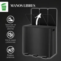 HOMCOM Papelera Cocina de Acero Inoxidable con 3 Compartimentos 3x15L con Pedales Tapas de Cierre Suave y Cubo Extraíble Negro(m-6)
