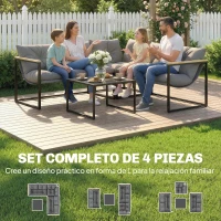 Outsunny Conjunto de Jardín Exterior con Cojines Gruesos 2 Sofás de 2 Plazas Sofá de Esquina y Mesa de Centro de Vidrio Gris(m-4)
