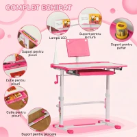 HOMCOM Birou pentru Copii cu Scaun Reglabil, Masă cu Sertar, Lampă și Suprafață Înclinabilă, 80x49,5x82-104 cm, Roz(m-8)