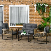 Outsunny Ensemble salon de jardin 4 pièces canapé 2 places 2 fauteuils et 1 table basse plateau verre trempé 3 coussins - gris(m-11)
