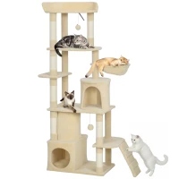PawHut 170 cm Large Cat Tree, Cat Tower with 7 Scratching Posts, Tunnel, 2 Condos, Hammock, Perch, Ramp, Pompoms, Beige(m-10)