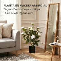 HOMCOM Planta Artificial de Camelia 65cm Árbol Artificial en Maceta con Flores de Seda Realistas 116 Hojas Efecto Musgo Blanco(m-8)
