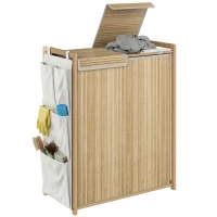 HOMCOM Cesto de Ropa Sucia de Bambú con Tapa 120L con 2 Bolsas con Cordón Extraíbles y Lavables Bolsillos Laterales Natural(m-10)