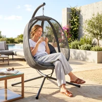 Outsunny Hanging Egg Chair, Folding Texteline Swing Hammock with Side Pocket, Cushion and Stand for Indoor Outdoor, Patio Garden Furniture, Grey(m-20)