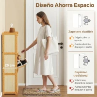 HOMCOM Zapatero Estrecho de Bambú con 3 Cajones Abatibles de Ratán para 18-21 Pares de Zapatos 69x29x119,8 cm Natural(m-4)