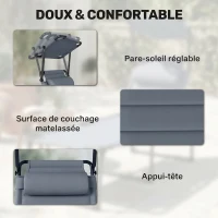 Outsunny Bain de soleil chaise longue pliante avec pare-soleil, appuie-tête inclinable en tissu Oxford 70 x 200 x 45 cm gris(m-6)