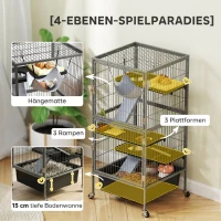 PawHut Kleintierkäfig 4-stöckiger Nagerkäfig mit anhebbarem Tablett Rampen Hängematte Rollen Plattformen 52x52x115 cm Grau(m-5)