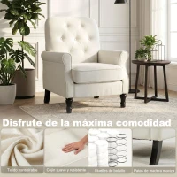 HOMCOM Sofá Individual Tapizado en Lino Asiento Acolchado Grueso Respaldo Capitoné Patas de Madera Maciza Crema(m-4)