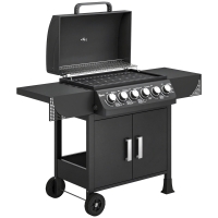 Outsunny Barbacoa de Gas con 6 Quemadores 15 kW Termómetro Parrilla Mesas Laterales Armario y Ruedas 135x51x101 cm Negro