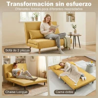HOMCOM Sofá Cama de 2 Plazas Plegable Sofá Cama Tapizado en Lino con Respaldo Ajustable 5 Posiciones 2 Almohadas Amarillo(m-4)