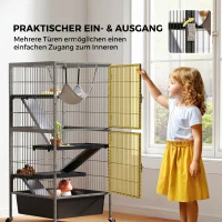 PawHut Kleintierkäfig 4-stöckiger Nagerkäfig mit anhebbarem Tablett Rampen Hängematte Rollen Plattformen 52x52x115 cm Grau(m-6)