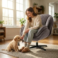 HOMCOM Modern Wingback Accent Chair, Velvet Armchair with Four-Star Base, S-Springs, Swivel, Grey(m-8)