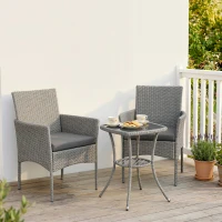 Outsunny 3 Piece Rattan Bistro Set, PE Wicker Garden Furniture Conversation Set with 2 Tier Glass-Top Table, Chairs, Dark Grey(m-8)
