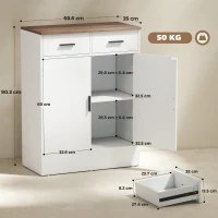 HOMCOM Credenza Moderna 2 Cassetti e Armadietto 2 Ante, Ripiano Interno Regolabile, Bianco e Legno(m-3)