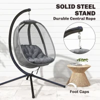 Outsunny Hanging Egg Chair, Folding Texteline Swing Hammock with Side Pocket, Cushion and Stand for Indoor Outdoor, Patio Garden Furniture, Grey(m-18)