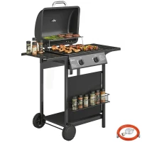 Outsunny Barbacoa de Gas BBQ Gas con 2 Quemadores 5 kW Termómetro Mesas Laterales Estante Rejilla Calentadora 2 Ruedas Negro(m-10)