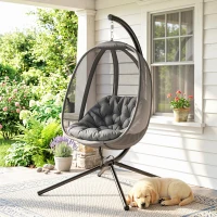 Outsunny Hanging Egg Chair, Folding Texteline Swing Hammock with Side Pocket, Cushion and Stand for Indoor Outdoor, Patio Garden Furniture, Grey(m-14)