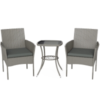 Outsunny 3 Piece Rattan Bistro Set, PE Wicker Garden Furniture Conversation Set with 2 Tier Glass-Top Table, Chairs, Dark Grey