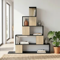 HOMCOM Scaffale Contenitore, Libreria Geometrica a 5 Livelli, per Ufficio, Soggiorno, Camera, Nero e Legno Naturale(m-6)