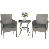 Outsunny 3 Piece Rattan Bistro Set, PE Wicker Garden Furniture Conversation Set with 2 Tier Glass-Top Table, Chairs, Dark Grey(m-10)
