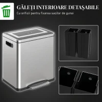 HOMCOM Coș de gunoi cu 2 compartimente de 15L, cu pedală și capac silențios, din oțel inoxidabil și PP, 40x34,8x47,5 cm(m-6)