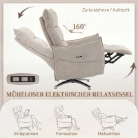 HOMCOM Drehbarer Elektrischer Relaxsessel für Erwachsene, Sessel mit Leinenoptik-Stoff und Ladeanschlüssen, Beige(m-4)