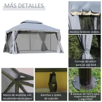 Outsunny Cenador de Jardín 4x3m Pabellón de Jardín Gazebo con Doble Techo Estructura de Aluminio UPF50+ para Exterior Gris(m-6)