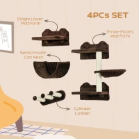 PawHut 4PCs Wall-Mounted Cat Shelves w/ Scratching Post, Hammock, Nest - Brown(m-5)