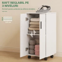 HOMCOM Mobilier pentru Masa de Călcat Pliabil cu Roți, Raft Reglabil și Închidere Soft Close, din Lemn și Material Textil, 128x43x83 cm, Alb(m-6)
