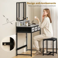 HOMCOM Toucador de Maquilhagem com Espelho Tríptico Removível, Banco Prateleiras e Suporte para Secador 90x40x141 cm Cinzento(m-8)