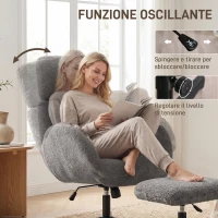 HOMCOM Poltrona Girevole con Poggiapiedi, Regolabile in Altezza con Poggiatesta Regolabile, Funzione Dondolo, Grigio(m-8)