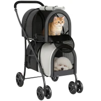 PawHut Carrinho Duplo para Cães e Gatos Dobrável com 2 Transportadoras Removíveis com Cinto e Almofadas 66x50x98 cm Cinzento Escuro(m-10)